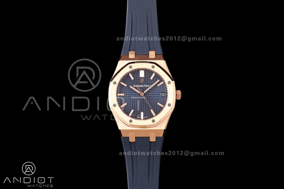 Royal Oak 41mm 15500 RG DDF 1:1 Best Edition Blue Dial on Blue Rubber Strap DD4302 Super Clone (Weighted)
